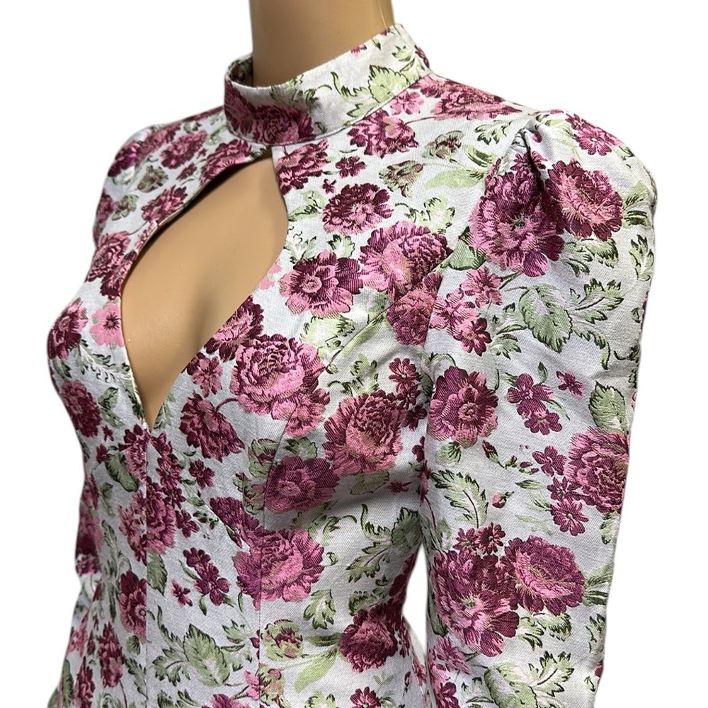 Asos Luxe Keyhole Cut Out Floral jacquard High Neck Long Sleeve Mini Dress Sz 6 - Picture 4 of 14